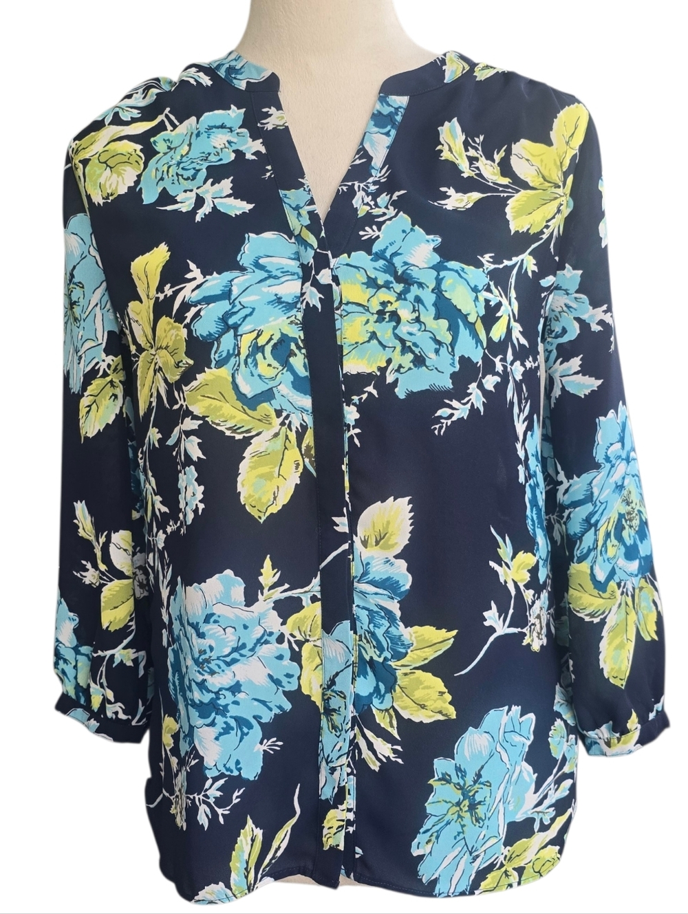 NYDJ Navy Floral Split-Neck Pintuck Blouse 3/4 Sleeve- Navy Blue & Lime Size XS